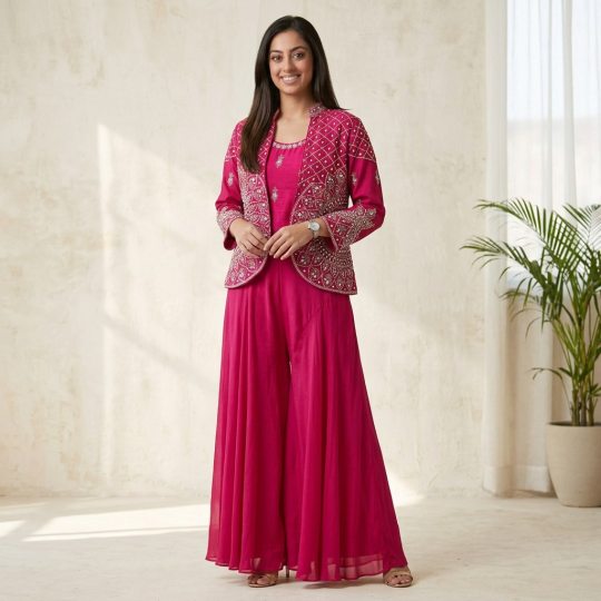 Fuchsia Embellished Jacket & Maxi Dress Set