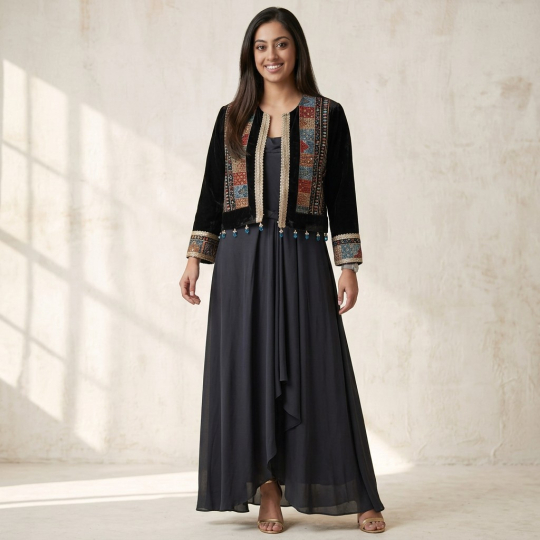 Navy Embroidered Jacket & Maxi Dress Set