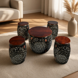 Hand-Painted Wooden-Top Iron Coffee Table and 4 Stools Set