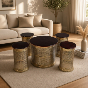 Antique Brass Coffee Table with 4 Stools Set