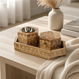 Hexagonal Wooden Dhoop Burner and Tray Set