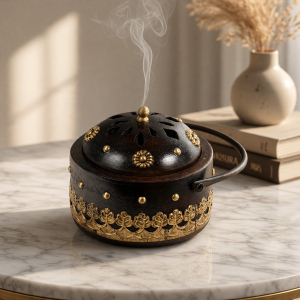 Brass Fitted Round Wooden Incense Pot