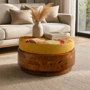Round Patchwork Fabric Footstool