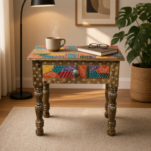 Patchwork Painted Wooden Side Table (1 Drawer)