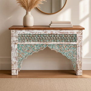 Distressed Jali Carved Wooden Console
