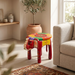 Painted Wooden Elephant Stool — 15-inch