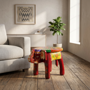 Painted Wooden Elephant Stool — 12-inch
