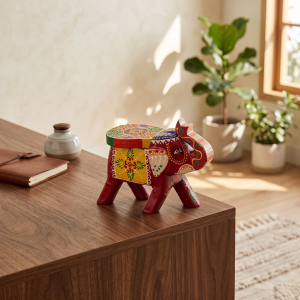 Painted Wooden Elephant Stool — 6-inch