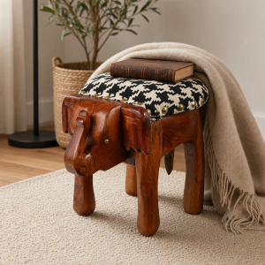 15 Inch Black-and-White Fabric-Cushioned Wooden Elephant Stool