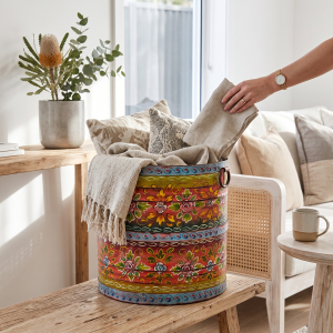 Hand-Painted Floral Iron Floor Basket
