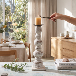 Whitewashed Bobbin Wooden Pillar Candle Holder