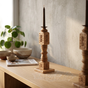 Natural Carved Jali Wooden Taper Candle Holder