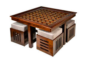 Wooden Coffee Table with Four Stools-Storage-Walnut